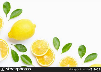 Fresh lemon with slices isolated on white background. Copy space