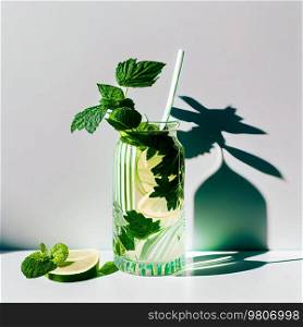 Fresh lemonade drinks with cucumber and mint, cold summer beverage. Illustration AI Generative
