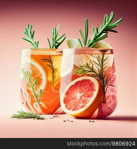 Fresh lemonade drinks with grape and rosemary, cold summer beverage. Illustration AI Generative