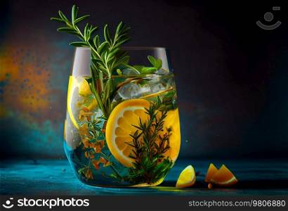 Fresh lemonade drinks with lemon and rosemary, cold summer beverage. Illustration AI Generative