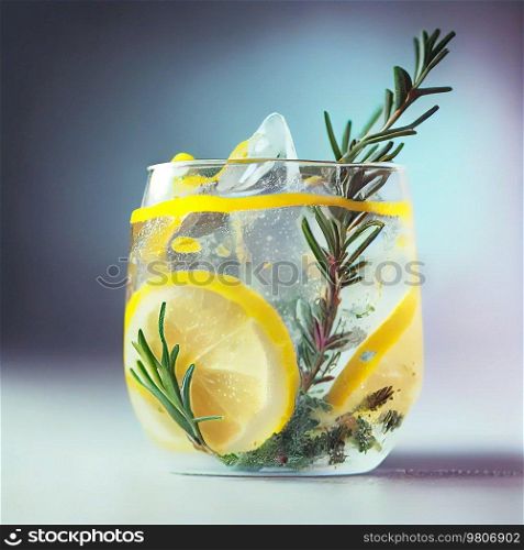 Fresh lemonade drinks with lemon and rosemary, cold summer beverage. Illustration AI Generative