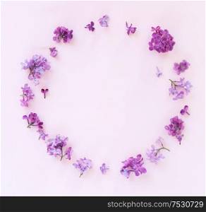 Fresh lilac flowers round frame over pink background with copy space, flat lay floral composition. Fresh lilac flowers
