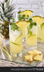 Fresh lime and mint combined with fresh pineapple juice and tequila. Pineapple cocktails always have a bright taste and aroma    