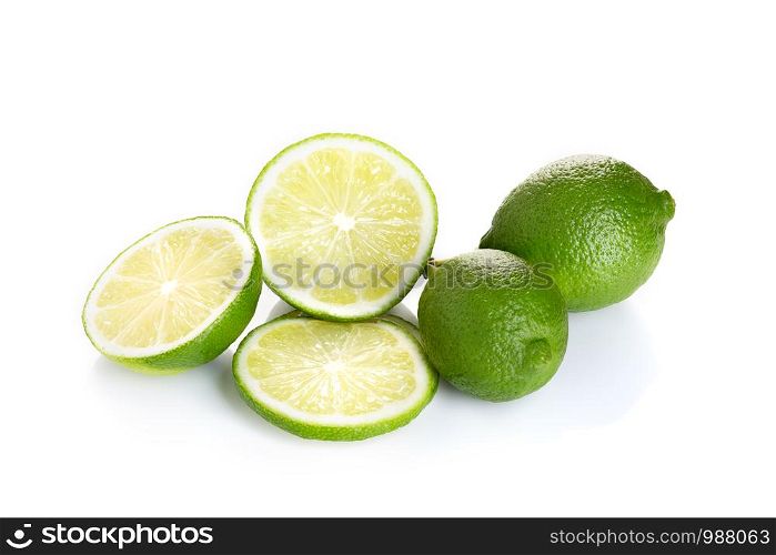 Fresh lime fruits isolated on white background. Citrus fruit