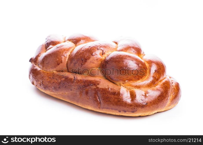Fresh loaf of challah isolated on white background. Fresh loaf of challah