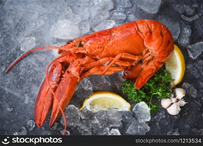 Fresh lobster food on a black plate background / red lobster dinner seafood with herb spices lemon rosemary served table and ice in the restaurant gourmet food healthy boiled lobster cooked
