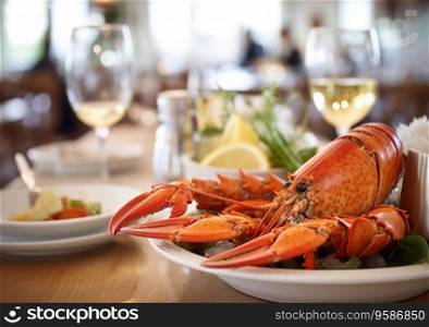 Fresh lobster meal with champagne in fine dining restaurant.AI Generative