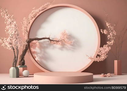 Fresh lush pink sakura flowers on branch with podium mockup in soft light. Neural network AI generated art. Fresh lush pink sakura flowers on branch with podium mockup in soft light. Neural network AI generated