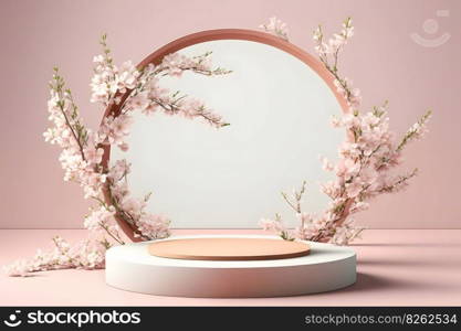 Fresh lush pink sakura flowers on branch with podium mockup in soft light. Neural network AI generated art. Fresh lush pink sakura flowers on branch with podium mockup in soft light. Neural network AI generated