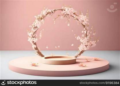 Fresh lush pink sakura flowers on branch with podium mockup in soft light. Neural network AI generated art. Fresh lush pink sakura flowers on branch with podium mockup in soft light. Neural network AI generated