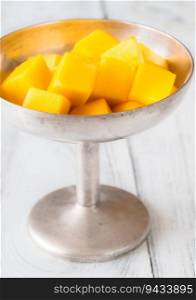 Fresh mango fruit cubes in the bowl