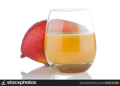 Fresh mango juice and mango fruit on white reflective background.