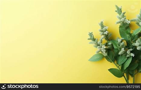 Fresh meadow mint leaves twig on a pastel yellow background with empty copyspace. Botanical herb concept. Flat lay. Created with generative AI tools. Fresh meadow mint leaves twig on a pastel yellow background. Created by AI