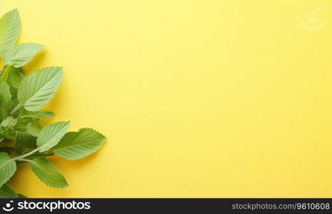 Fresh meadow mint leaves twig on a pastel yellow background with empty copyspace. Botanical herb concept. Flat lay. Created with generative AI tools. Fresh meadow mint leaves twig on a pastel yellow background. Created by AI