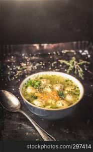 fresh meatball soup in bowl on dark background, dark background