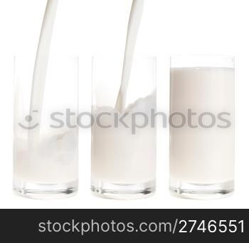 fresh milk pouring into a glass in sequence (isolated on white background)