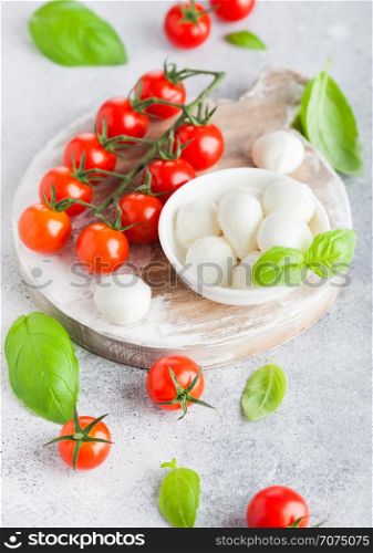 Fresh Mini Mozzarella cheese on vintage chopping board with tomatoes and basil leaf on stone kitchen background.