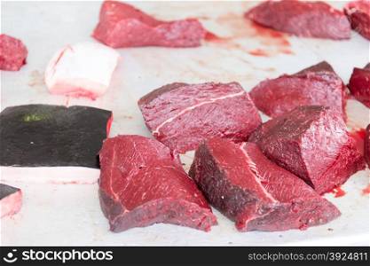 Fresh minke whale meat on a market in Aasiaat, Greenland