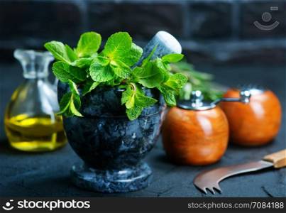 fresh mint in bowl, aroma herb on kitchen table