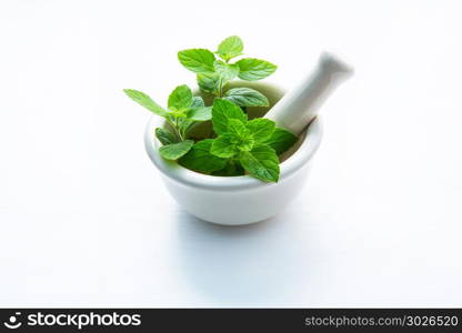 Fresh mint in mortar