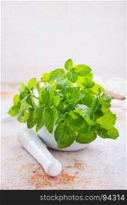 fresh mint leaf in white bowl and on a table