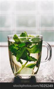 Fresh mint tea near the window. Fresh mint tea near the window. Cozy home or health concept