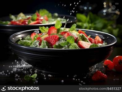 Fresh Mix fruits and salad with water splash float on dish with dark studio background. AI Generative.