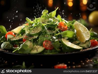Fresh Mix fruits and salad with water splash float on dish with dark studio background. AI Generative.