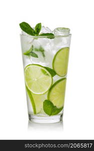 Fresh Mojito cocktail with lime, mint and ice isolated on white background. Mojito cocktail with lime, mint and ice