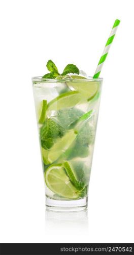 Fresh Mojito cocktail with lime, mint and ice isolated on white background. Mojito cocktail with lime, mint and ice