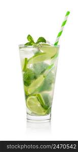 Fresh Mojito cocktail with lime, mint and ice isolated on white background. Mojito cocktail with lime, mint and ice