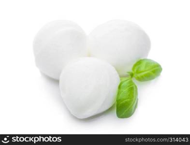 Fresh Mozzarella cheese and basil leaf on white background with reflection