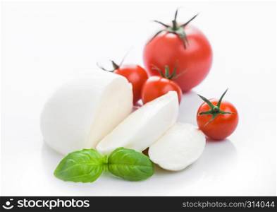 Fresh Mozzarella cheese with tomatoes and basil leaf on white background with reflection