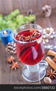 fresh mulled wine in the glass and on a table