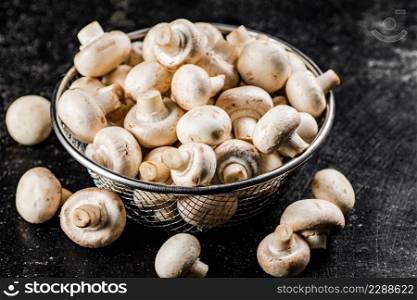 Fresh mushrooms in a colander. On a black background. High quality photo. Fresh mushrooms in a colander.