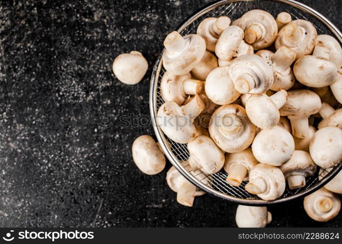 Fresh mushrooms in a colander. On a black background. High quality photo. Fresh mushrooms in a colander.