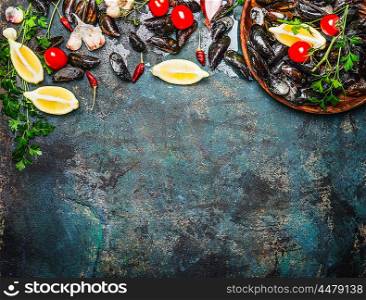 Fresh mussels with ingredients for cooking on rustic background, top view, border. Seafood concept