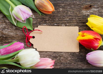 fresh muticolored tulip flowers frame with empty tag on wooden table. pile of multicolored tulips