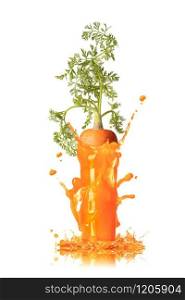 Fresh natural carrot root with green leaf in the glass of juice and splashes around with droplets on a white background, copy space. Vegetarian concept.. Carrot juice splash with root in the glass.