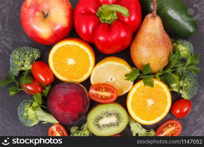 Fresh natural fruits and vegetables, nutritious dessert as source healthy minerals and vitamins. Fresh fruits and vegetables, nutritious dessert as source healthy minerals and vitamins