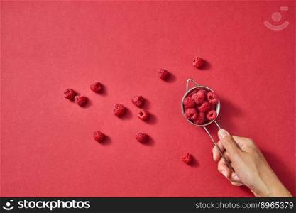 Fresh natural organic berries in the female hands for making delicious natural jam. Concept of healthy detox homemade food.. A womens hand holds a colander with red ripe sweet raspberry on a red paper with copy space. Organic berries pattern.