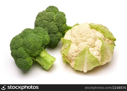 Fresh natural organic broccoli and cauliflower isolated on white background. High quality photo. Fresh natural organic broccoli and cauliflower isolated on white background