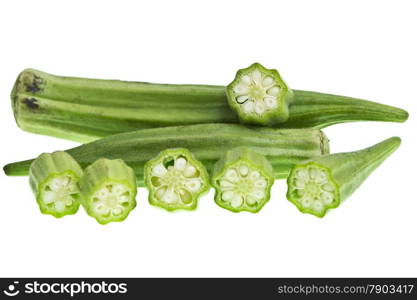 Fresh okra (Abelmoschus esculentus) isolated on a white background