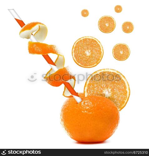 Fresh Orange and slices of orange with straw.