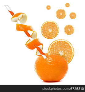 Fresh Orange and slices of orange with straw.