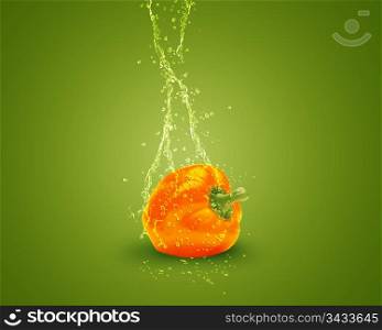 Fresh orange bell pepper with water splashes on green background.