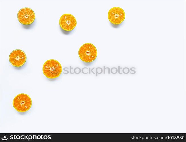 Fresh orange citrus fruit on white background. Copy space