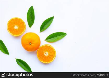 Fresh orange citrus fruit on white background. Copy space