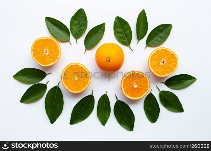 Fresh orange citrus fruit on white background. Top view