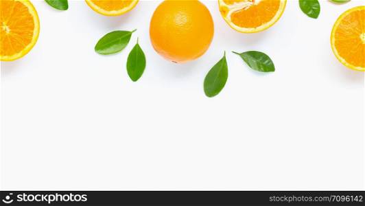 Fresh orange citrus fruit with leaves isolated on white background. Juicy and sweet with copy space